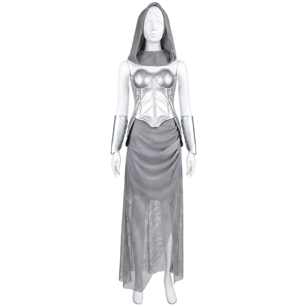 AniLV Mittelalterliches Damen-Kettenhemd Silbernes Kriegsuniform-Valkýrie-Outfit Halloween Cosplay Kostüm