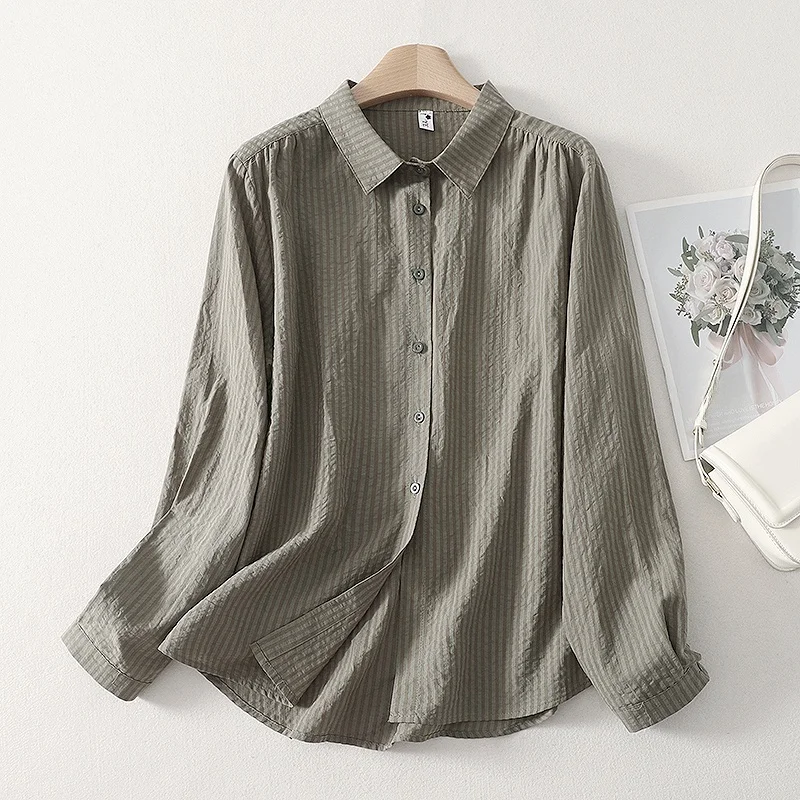 Primavera outono longo sve algodão irt feminino listra camada base vintage aberto cardigan fino cor pura versátil solto ajuste