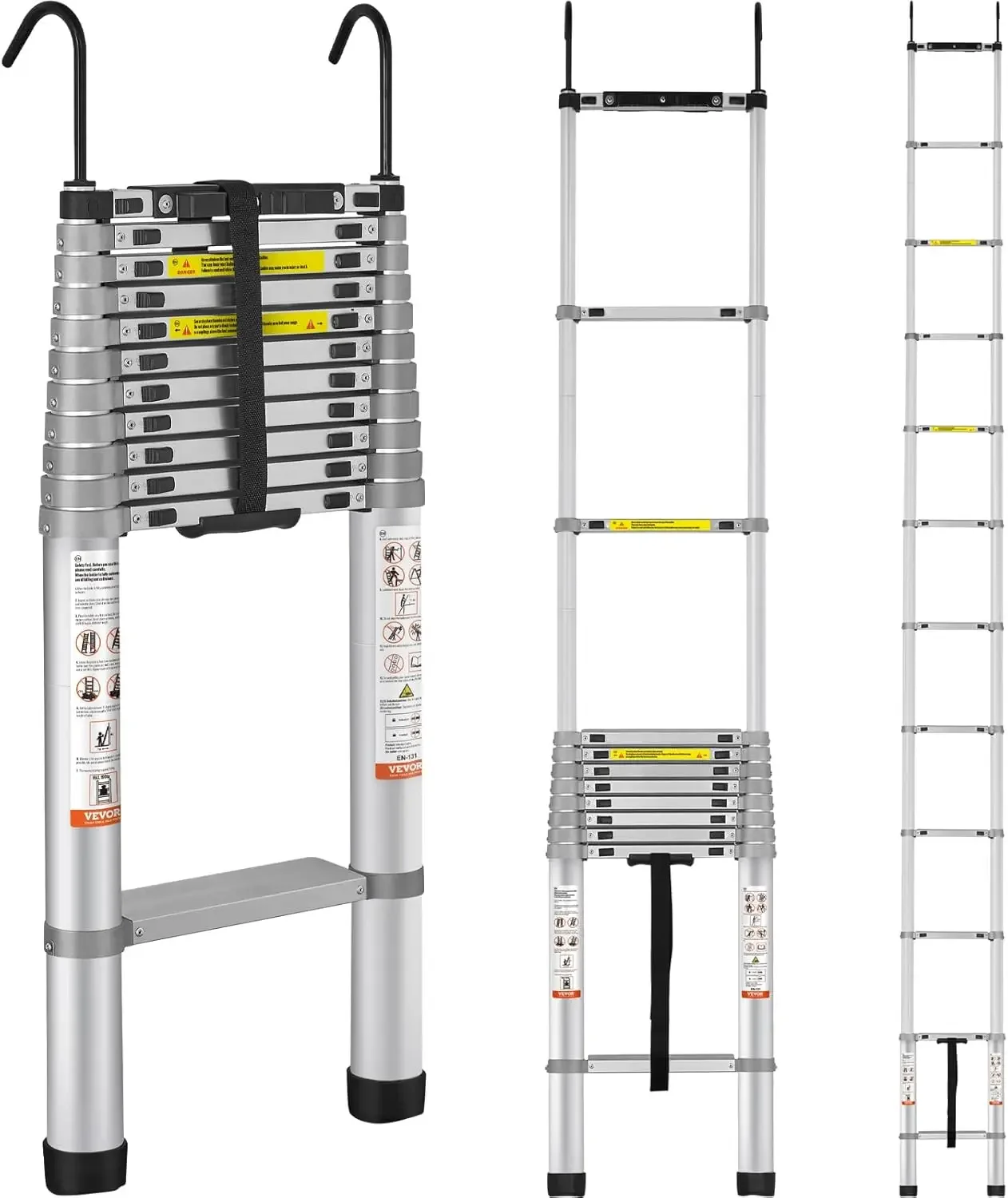 15 FT Aluminum One-Button Retraction Collapsible Extension Ladder, 400 LBS Capacity with Non-Slip Feet