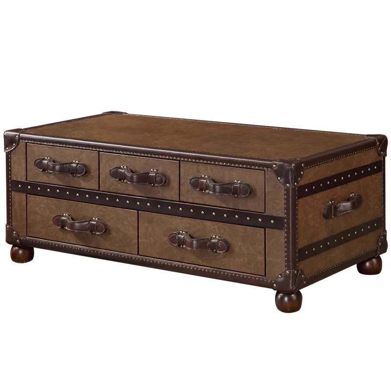 Mesa de centro estilo europeu com superfície de couro cera vintage, villa americana sala de estar charuto recepção mesa de chá