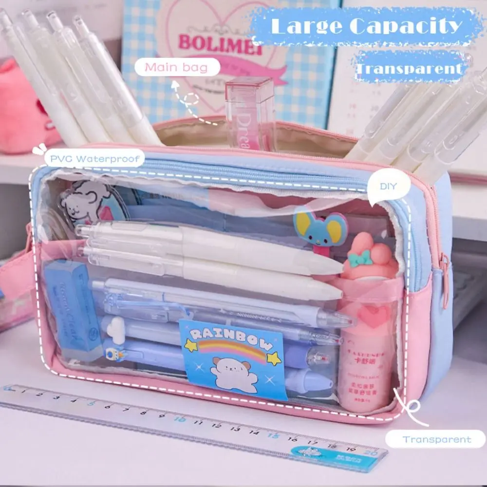 Portable PVC Pen Bag Contrast Color Transparent Pencil Case Large Capacity Waterproof Pen Box Gift