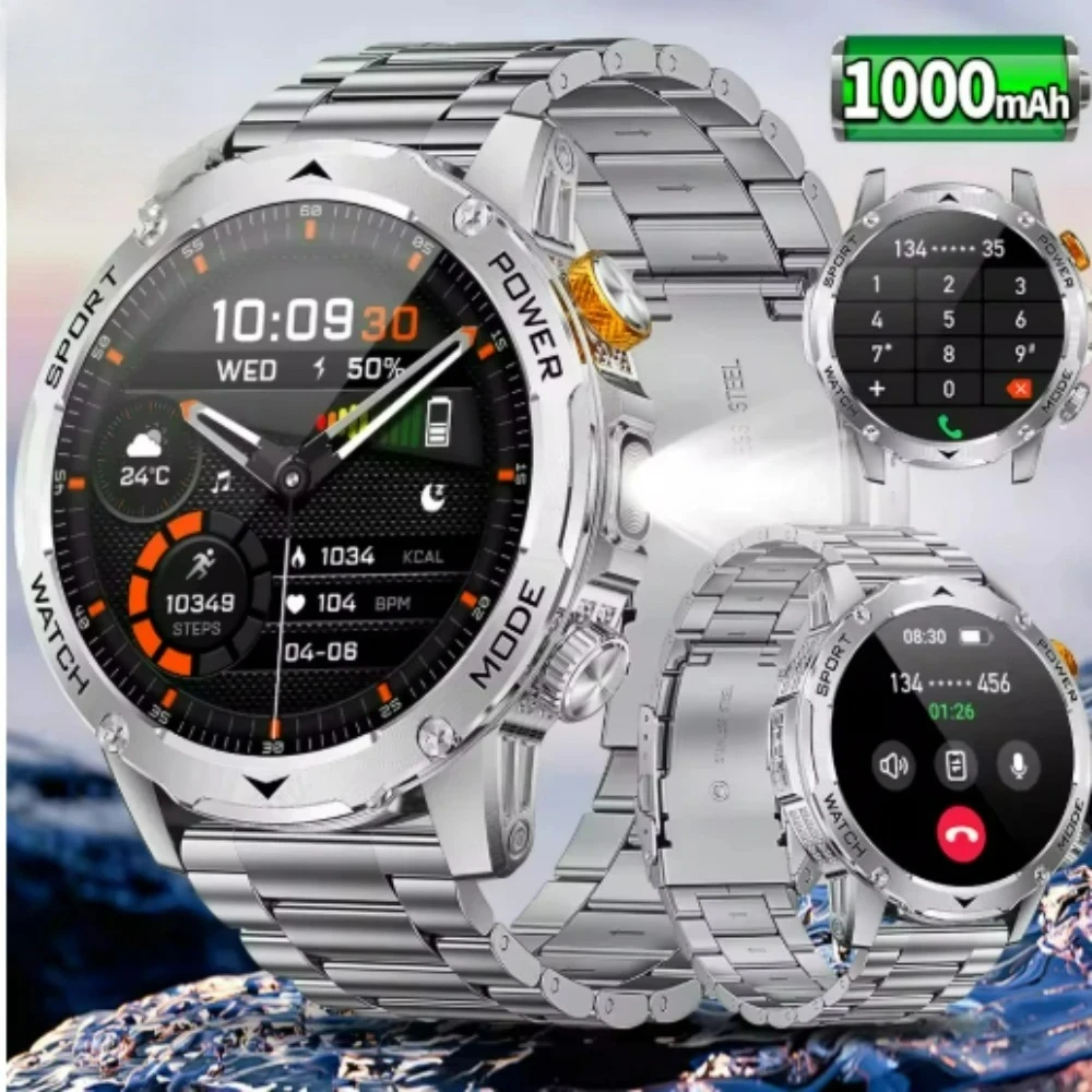 

579015 Смарт-часы 1000 мАч для мужчин, стальные, спортивные, фитнес-трекер, с LED-фонариком, водонепроницаемость 3ATM, звонки по Bluetooth, для iOS и Android