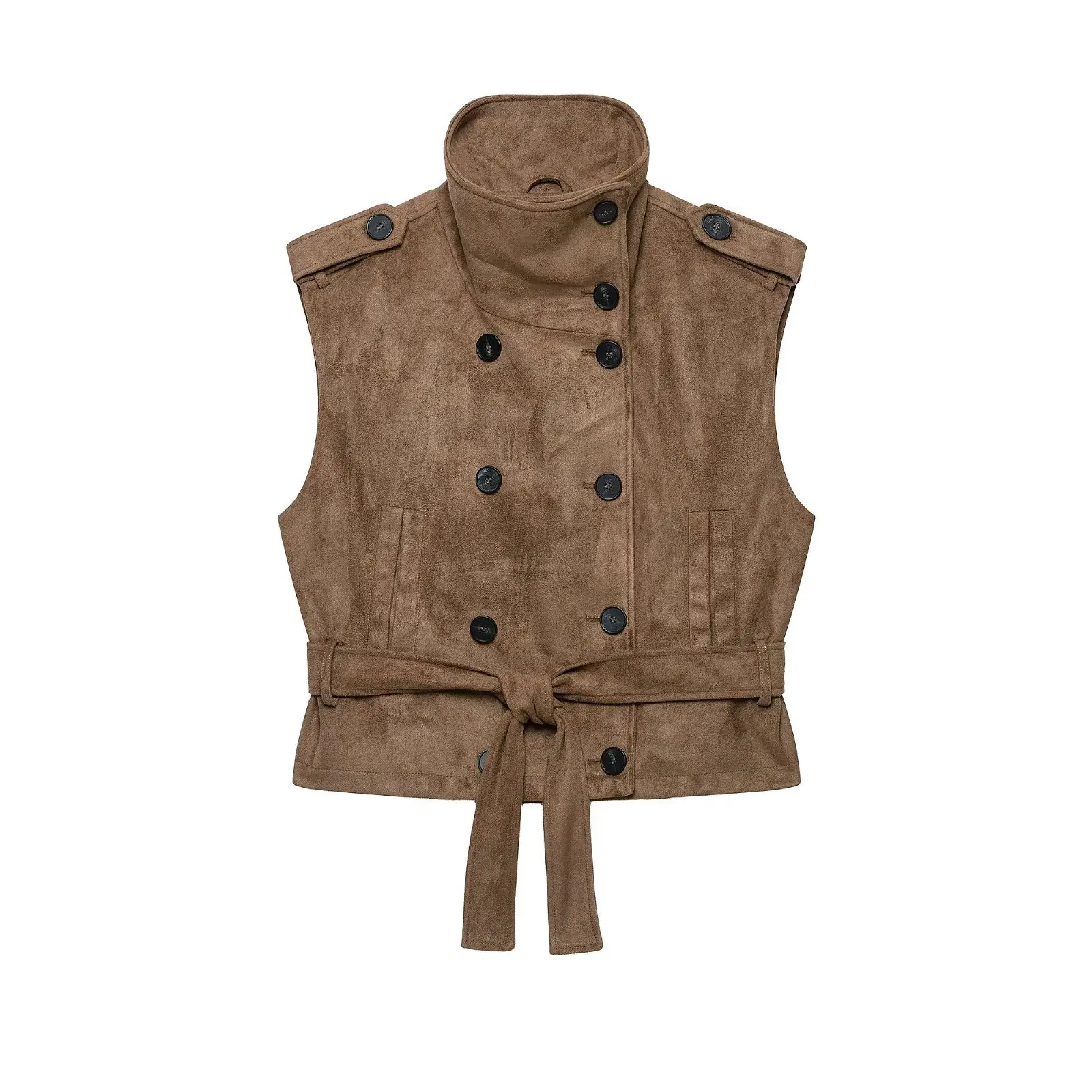 Womens Vintage Suede Waistcoat High Collar Epaulette Double Breasted Button Belted Short Vest Sleeveless Safari Jacket Tops