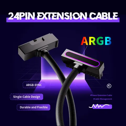 Bilashmart AIJS ATX 24PIN Extension Cable, ARGB PC Cable with 5V 3Pin,18AWG 90 Degree Right-Angle Design Male-to-Female Connectors for PC M