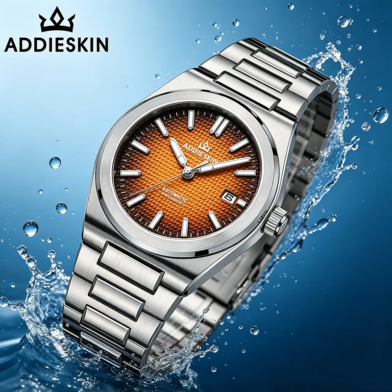 

9015 Automatic Movement with Skeleton Case Back ADDIESKIN K004 Yellow Waffle Dial Ultra Thin 10mm BGW9 Lume Men's Dress Watch