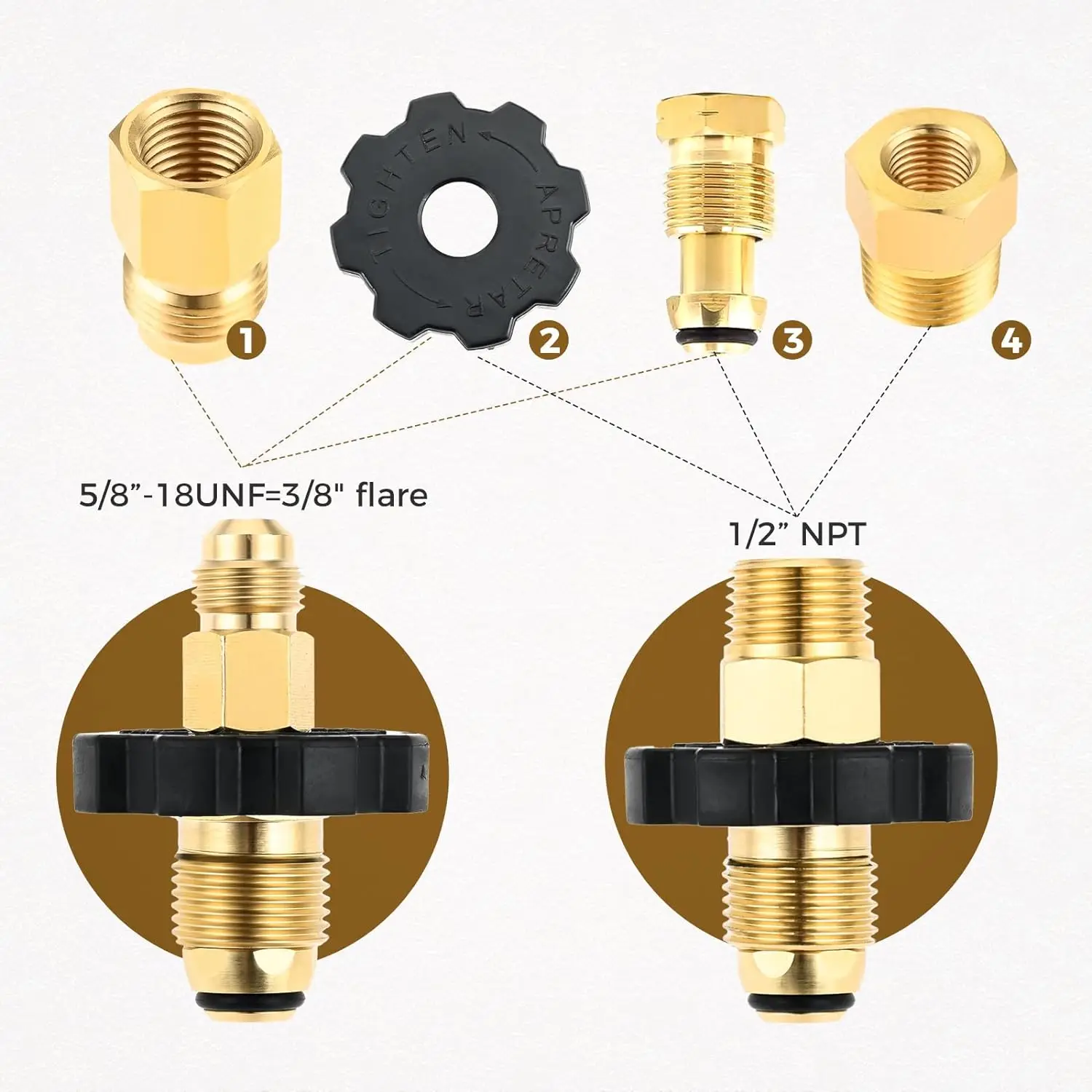 Pol Propane Gas Tank Adapter Plug with Full Flow x 1/4 Male NPT, 3/8" Male Flare and 1/2" Male NPT Converter Fitting for Camping
