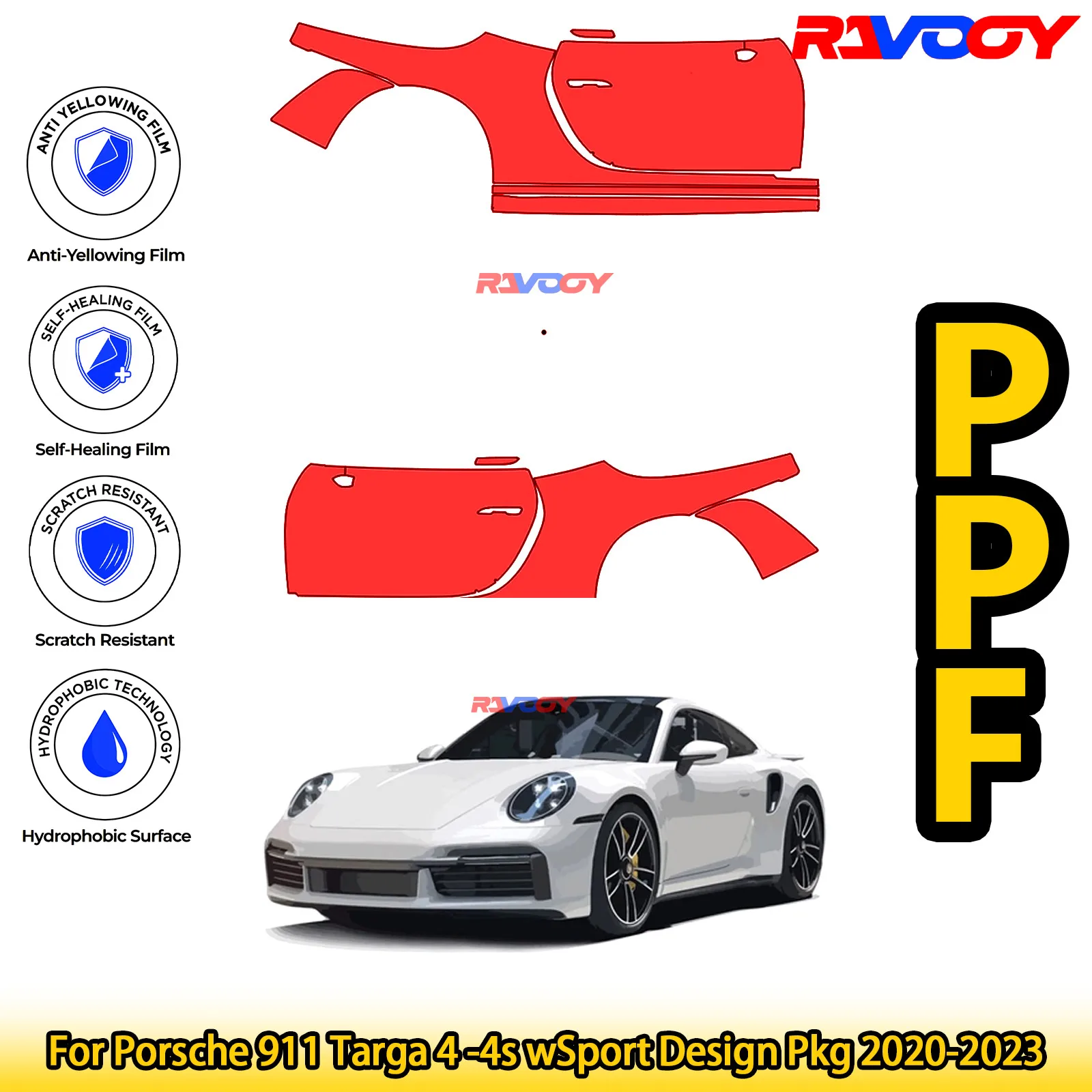 

For Porsche 911 Targa 4 -4s wSport Design Pkg 2020-2023 Glossy Matte Black Precut front PPF Kit Paint Protection Film