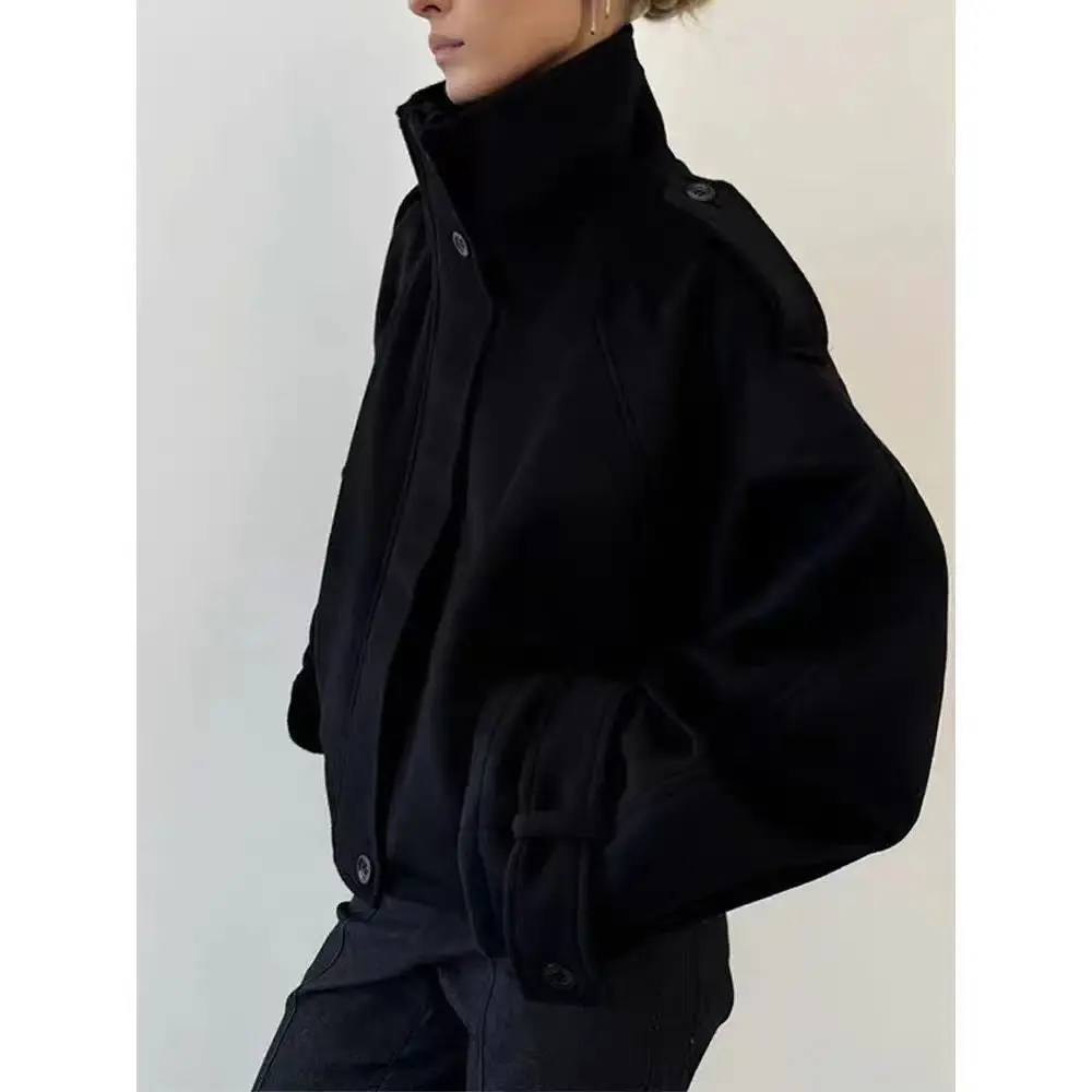 

2026 Spring And Autumn Black Short Woolen Stand Collar Fashion Jacket Europe And America Women Retro Casual Loose Zipper Jacket