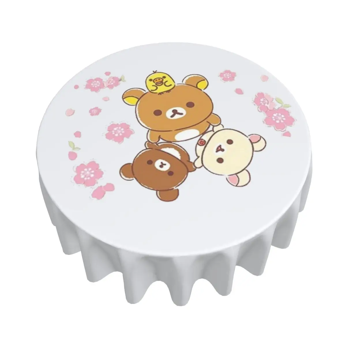 Rilakkuma Sakura Waterproof Round Tablecloth Oilproof Table Cloth for Kitchen Events Dining Table Cover 60 inches