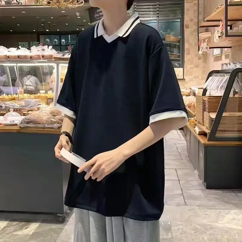 Summer Short Sleeve Men Polo T Shirt Spliced Hit Color Teenagers Fashion Casual All-match Oversized Clothing Top School Shopping