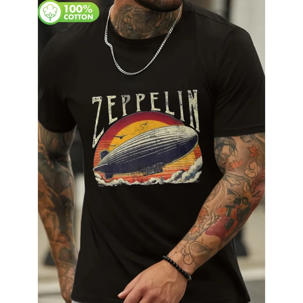 

Men's Retro Zeppelin Graphic T-Shirt - Vintage 70s 80s Hot Air Balloon Design, Black Cotton Crew Neck, Breathable and