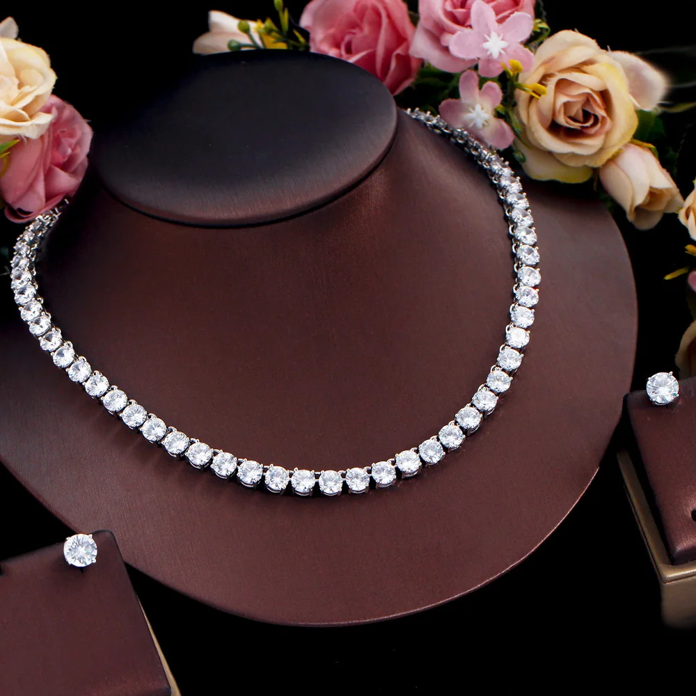 CWWZircons Atemberaubendes Großkarat-Rund-CZ-Tennis-Halsketten- und Ohrring-Set Luxuriöses Brautschmuck-Set für Hochzeit und Abendveranstaltungen Großhandel T0511 – Detail 6