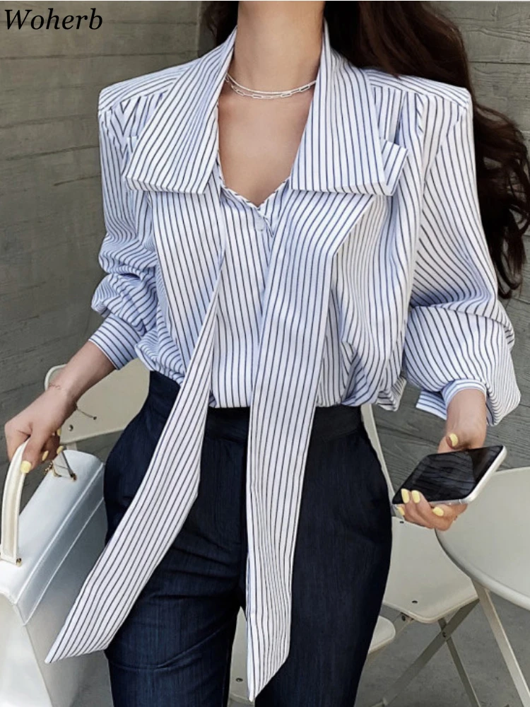 Striped Womens Turn Down Collar Bandage Tops Temperament Lantern Sleeve Blouses 2024 Blusas Mujer De Moda Fashion Casual Shirts