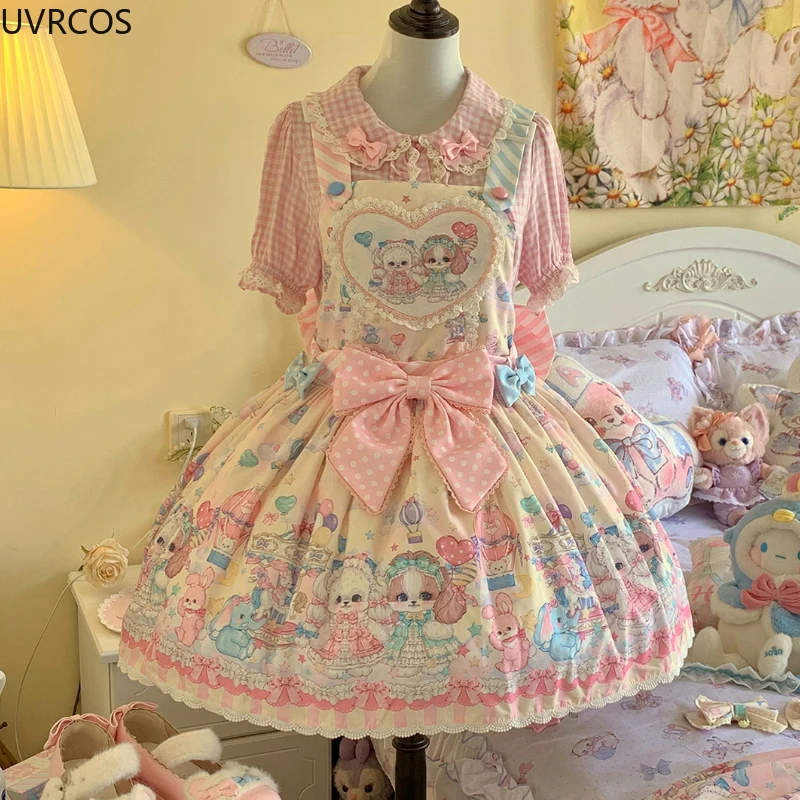 Vestido de princesa Lolita estilo japonês para mulheres, bonito desenho animado cão impressão, vestido de cinta, moda menina kawaii, mini vestido de festa chá