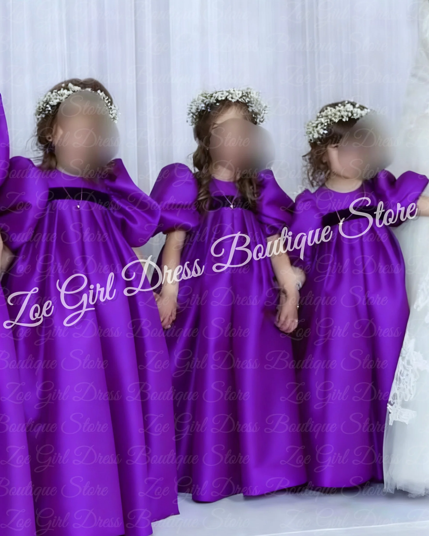 فستان فتاة الزهور البيضاء لحفلات الزفاف برقبة دائرية من الساتان للأطفال بخصر عالٍ وأكمام بالونية فستان عيد الميلاد مخصص للحفلات