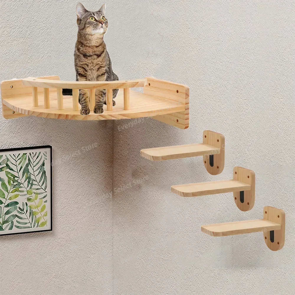 4‑Pieces Wall‑Mounted Cat‑Shelves Set, Corner Observation Platform with Auxiliary Jump‑Pad for Kitten Climbing & Resting