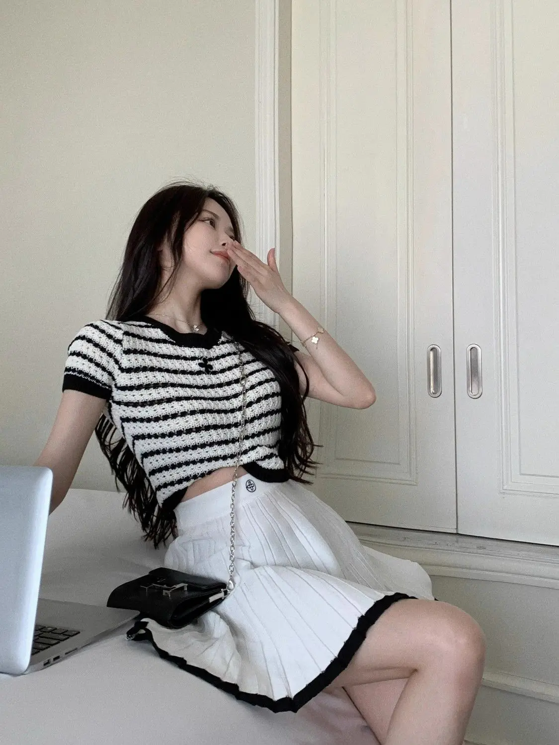 여성 플리츠 스커트, 하이웨이스트 A라인 스커트, 니트 스커트, 프레피 스타일, 여성 의류, 여름