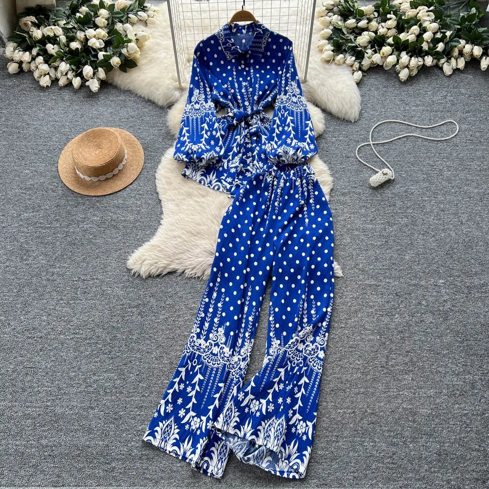 Set sexy in due pezzi Top chic con stampa polo e set di pantaloni a gamba larga a vita alta Hotsweet alla moda