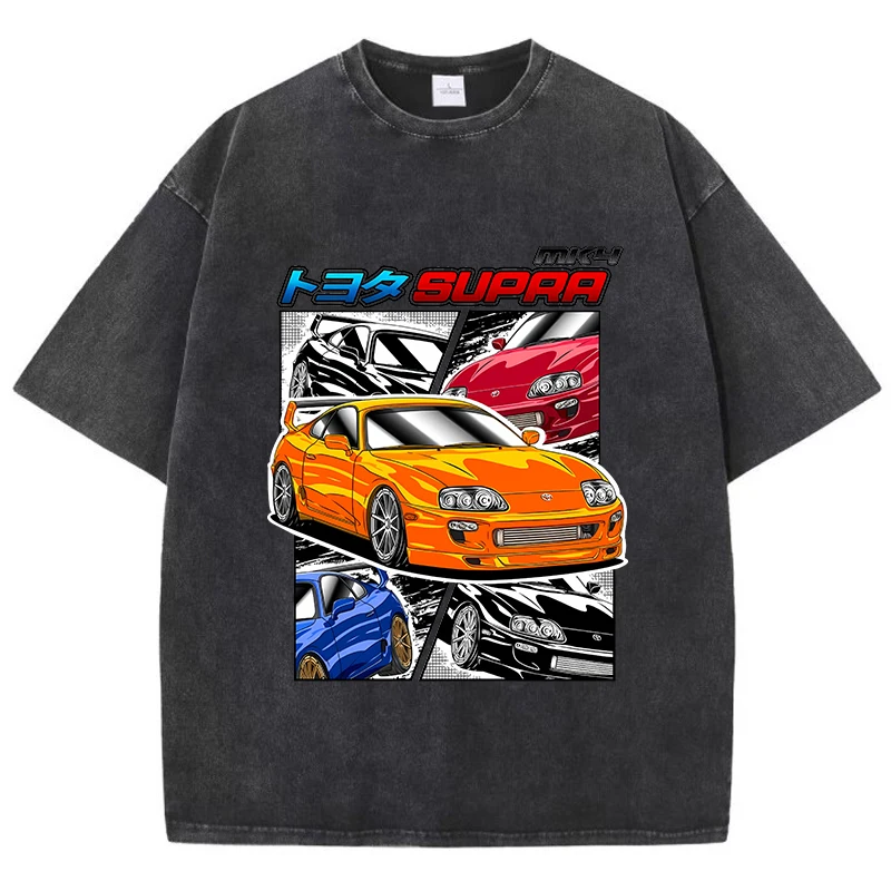 Street Woman Washed T-Shirts Supra Racing Comic Print Short Sleeve Comfortable Cotton Oversize Tops Summer Casual Female Clothes
