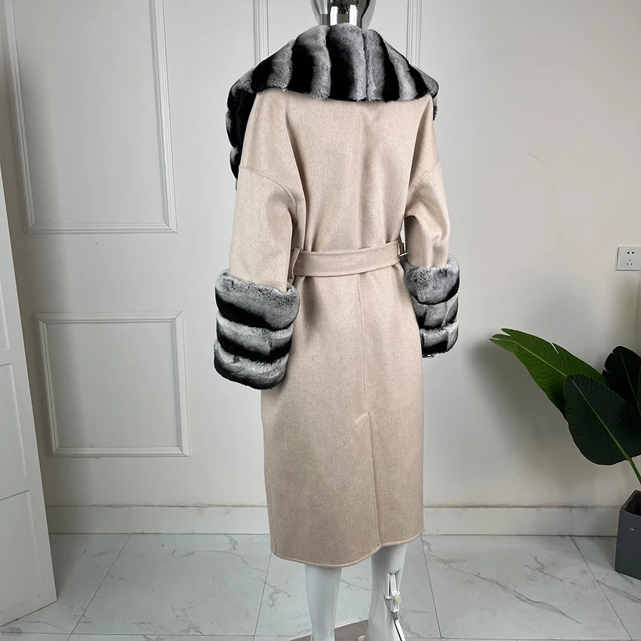 Chinchilla Fur Coat Women's Cashmere Wool Long Coat With Real Rabbit Fur Collar Cuffs High Quality