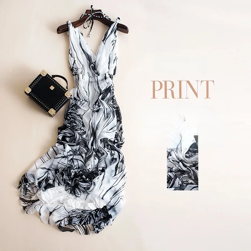 

Summer Boho Dress Women 2024 Elegant Printing Maxi Dresses For Women Holiday 100% Mulberry Silk Dress V-neck Sexy Dress Zm3203