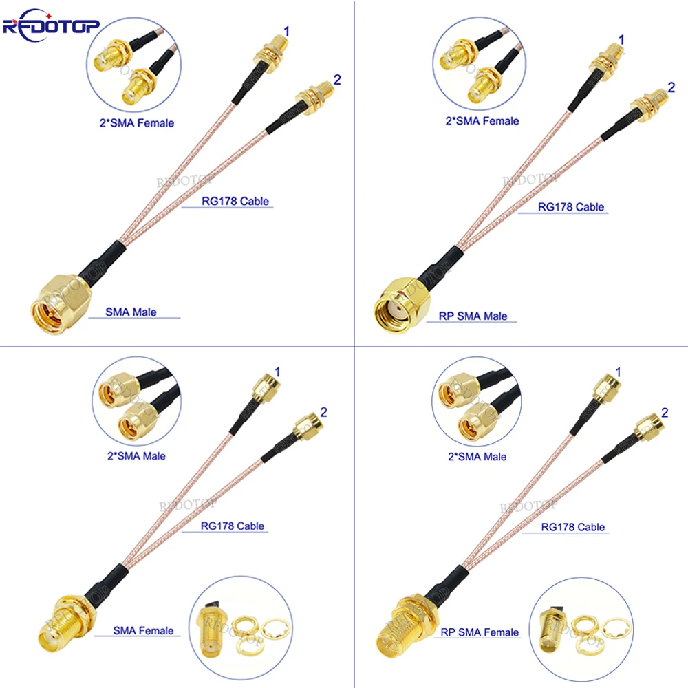 RG-178 SMA Male/Female to Dual RP-SMA/SMA Female Y Splitter Combiner WIFI Antenna Extension Cable RG178 RF Coax Pigtail Jumper
