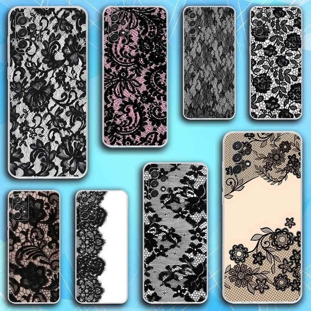

Black lace print Phone Case For Samsung S30,23,21,22,20, FE lite,S10,9,8,7 PIus Note20ultra Soft Transparent