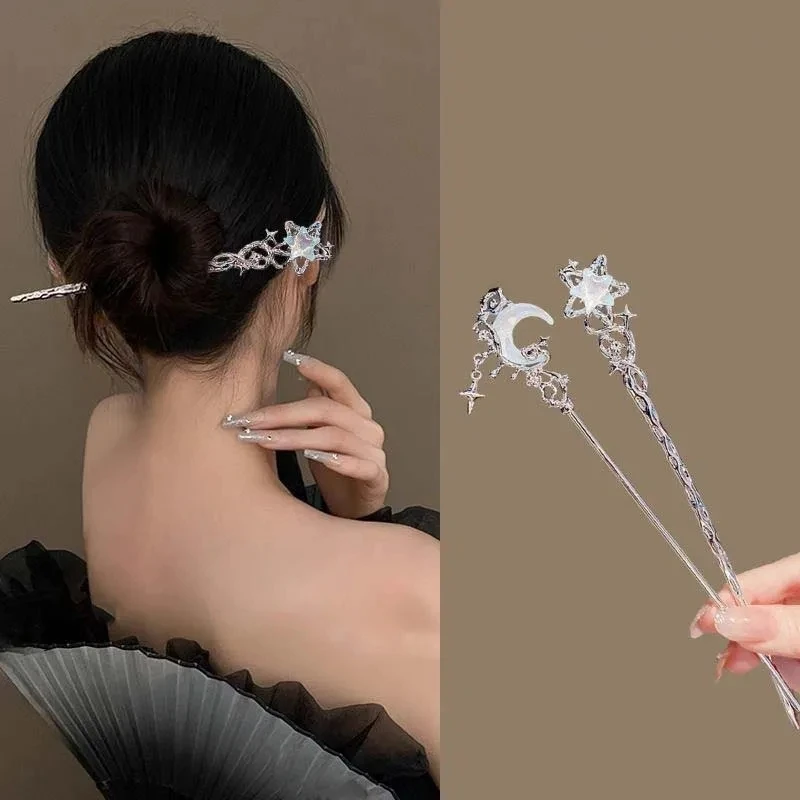 Romantic Moonstone Star Moon Hair Sticks for Women Chinese Style Cross Tassel Hairpin Disk Hair Chopsticks Hair Accessories