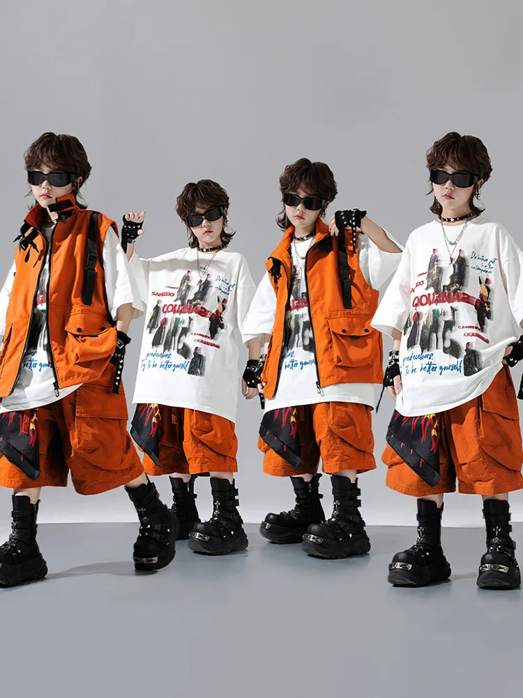 

Kid Kpop Hip Hop Clothing Orange Strap Pocket Sleeveless Jacket Vest Casual Cargo Shorts for Girl Boy Dance Wear Costume Clothes