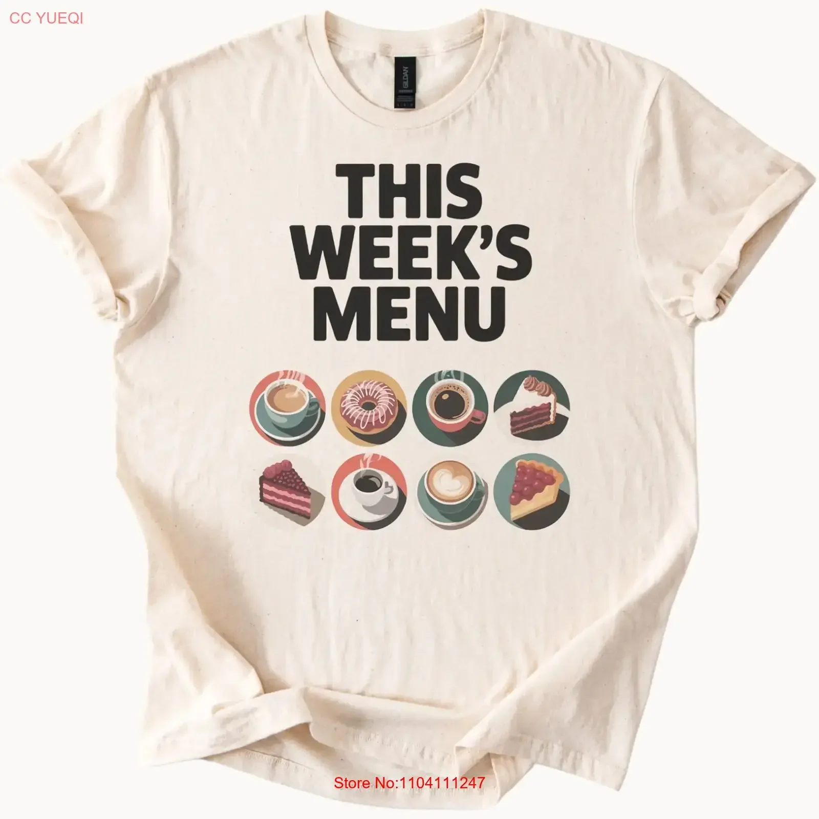 Camiseta con estampado de menú, café, pastel y donut, estilo gourmet, vintage, lavada, casual, elástica, suave, elegante, ligeramente holgada, para uso diario