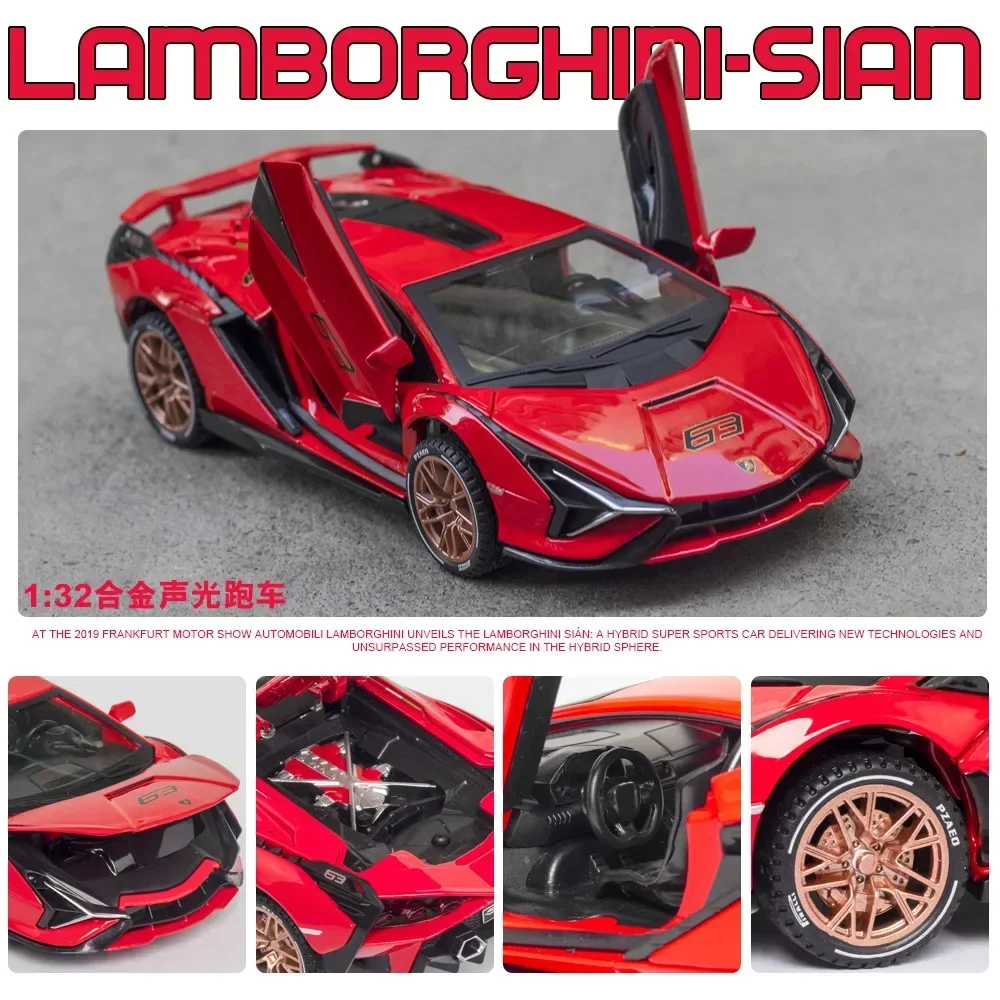 1:32 Lamborghini Sian Sportwagen Simulatie Diecast Metaallegering Model Auto Geluid Licht Trek Collectie Kinderen Speelgoed Geschenken A243