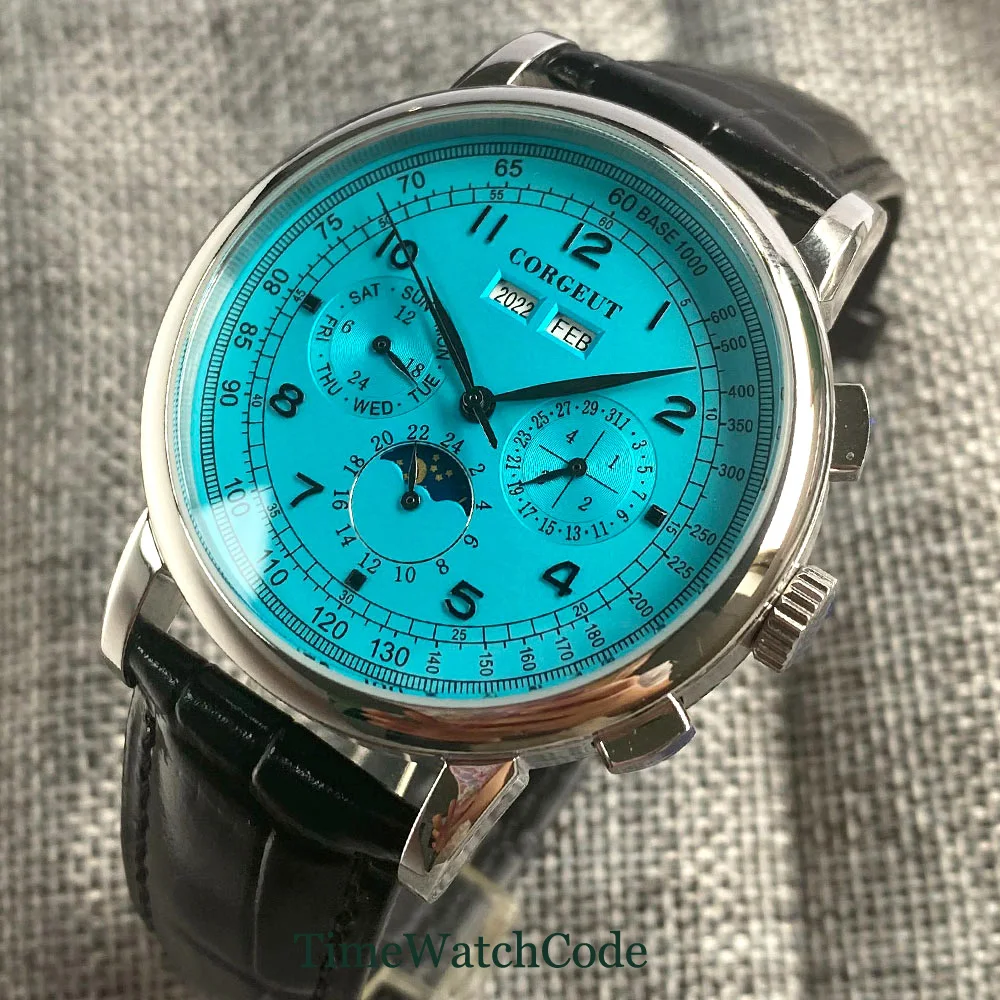 Corgeut Mannen Automatische Horloge 42Mm Dag Datum Maand Kalender Blue Dial Mechanische Horloge Dag/Nacht Lederen Band glas Terug