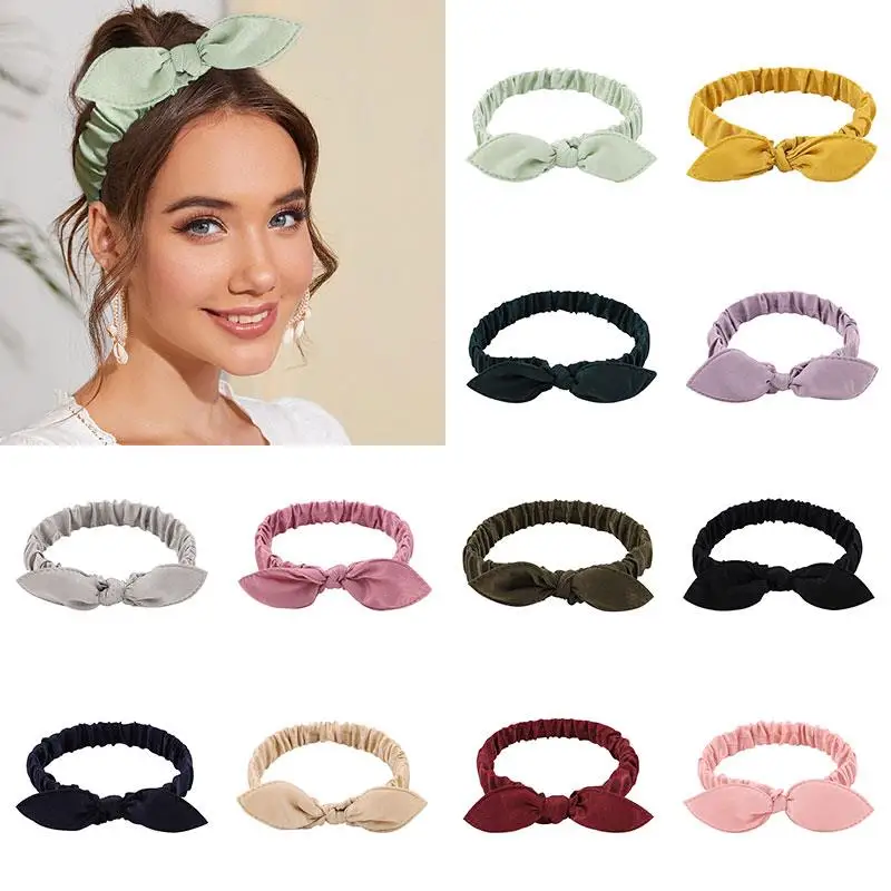 Solid Color Bowknot Headband Cotton Rabbit Ears Hairband Knotted Bandana Soft Sweet Headwrap Cute Decor DIY Hair Accessories