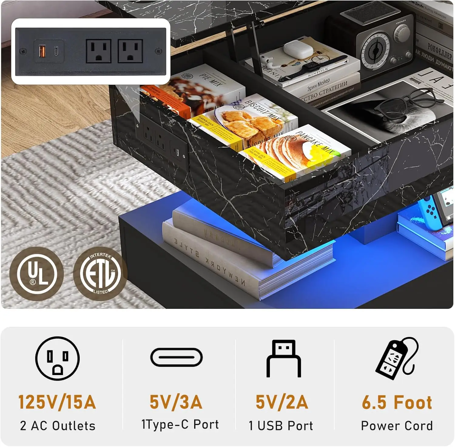 طاولة قهوة كبيرة قابلة للرفع مقاس 39.4 مع قاعدة شحن، وطاولة مركزية حديثة عالية اللمعان مع مساحة تخزين مقصورة مخفية، Bla #5
