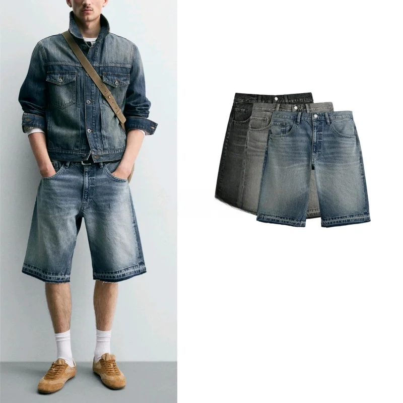 

Spring Summer Loose Fit mid Waist Straight Leg Washed Denim Casual Shorts for Men Comfortable Polyester Fiber Non-Matching