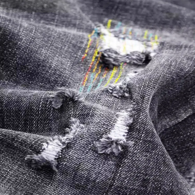 Fashion Designer Men Jeans High Quality Retro Black Gray Stretch Slim Ripped Jeans Men Embroidery Patched Vintage Denim Pants