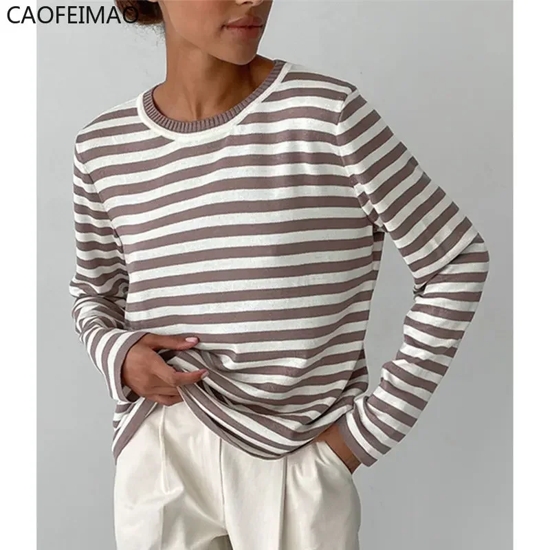 2025 New Caofeimao  Women O Neck Stripped Sweater Knitted Casual Pullover Stylish Jumper Autumn Winter High Street Tops Knitwear