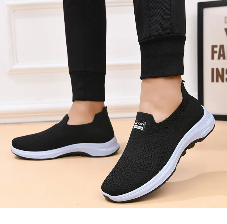Herren-Strick-Slipper, atmungsaktives, fliegendes Gewebe-Obermaterial, dicke, rutschfeste Sohle, bequeme Freizeitschuhe zum Gehen – Detail 16