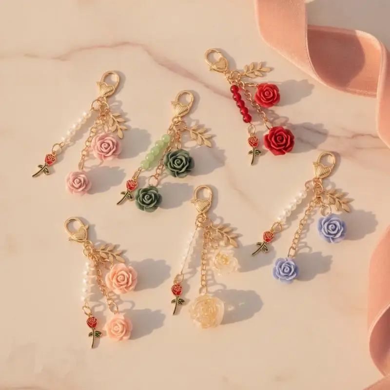 1Pcs Earphone Case Handbag Accessories Ins 3D Rose Resin Camellia Pendant Key Chain Pearl Alloy For Women Car Key Holder