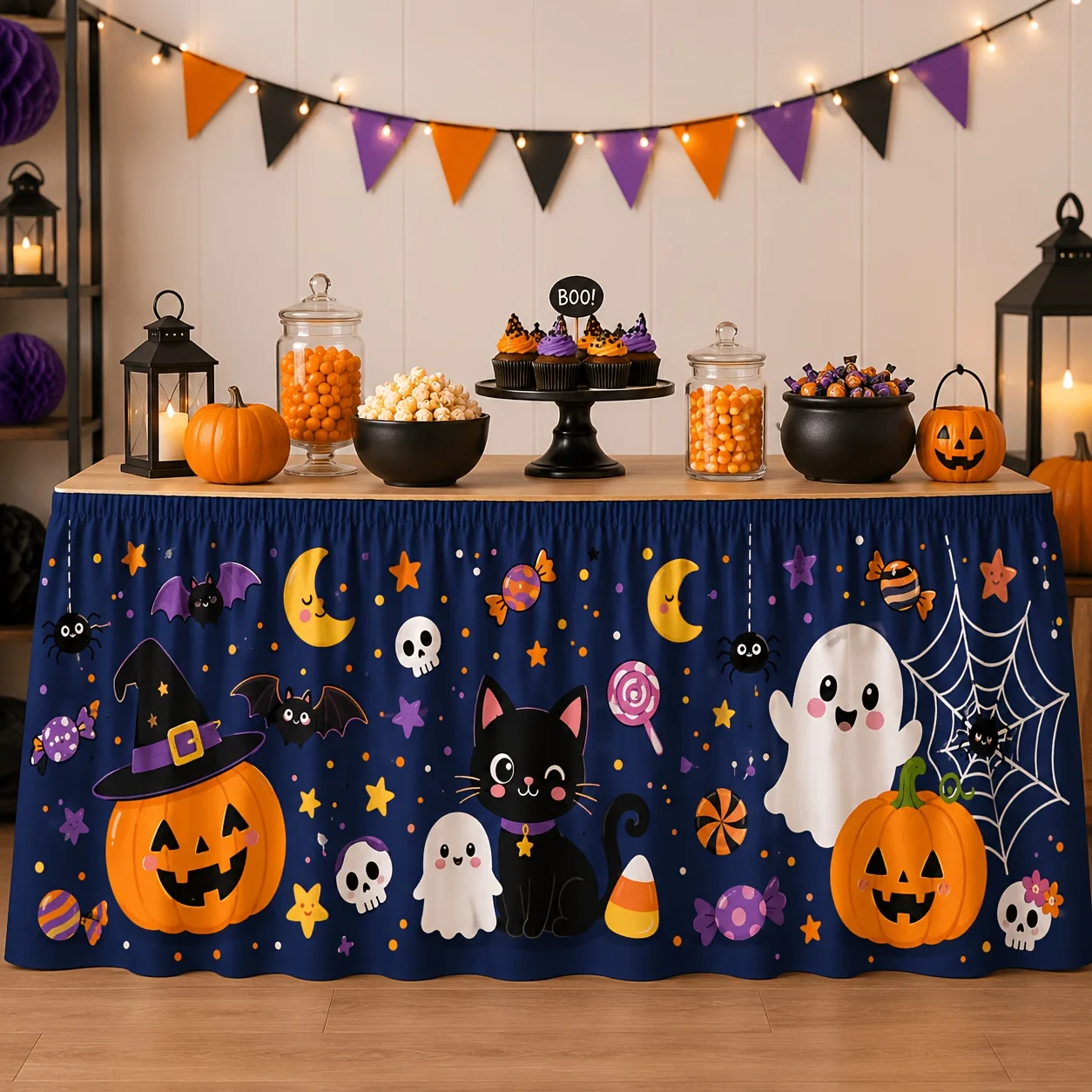 One table skirt. Deep blue, cute cartoon Halloween table skirt. Pig head lamp, pumpkin witch hat, black cat, ghost, bat.xzj