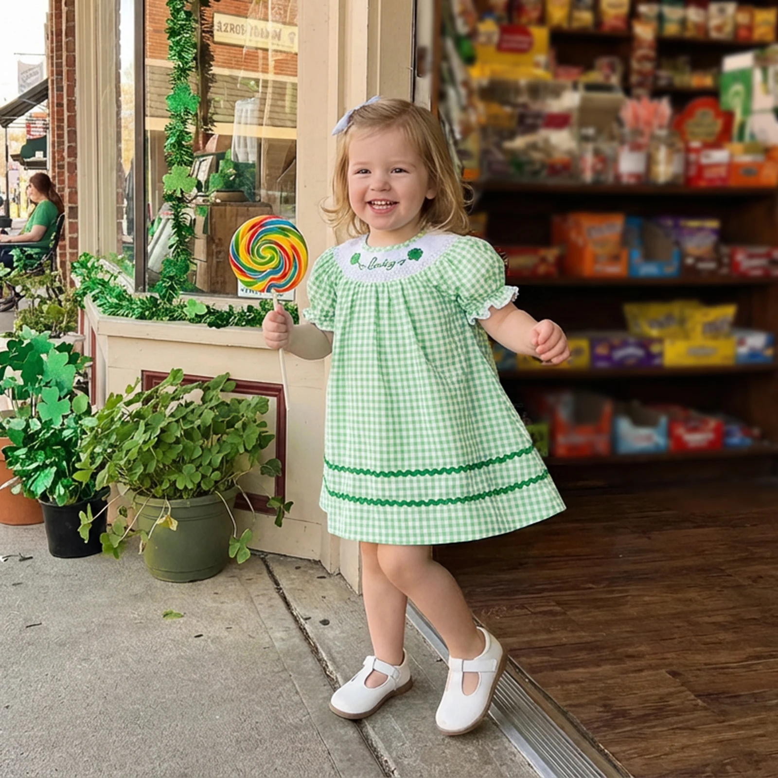 FOCUSNORM 0-5Y Lovely Toddler Kids Girls Irish Day Dress Letter Shamrock Embroidery Plaid Round Neck Short Sleeves A Line Dress