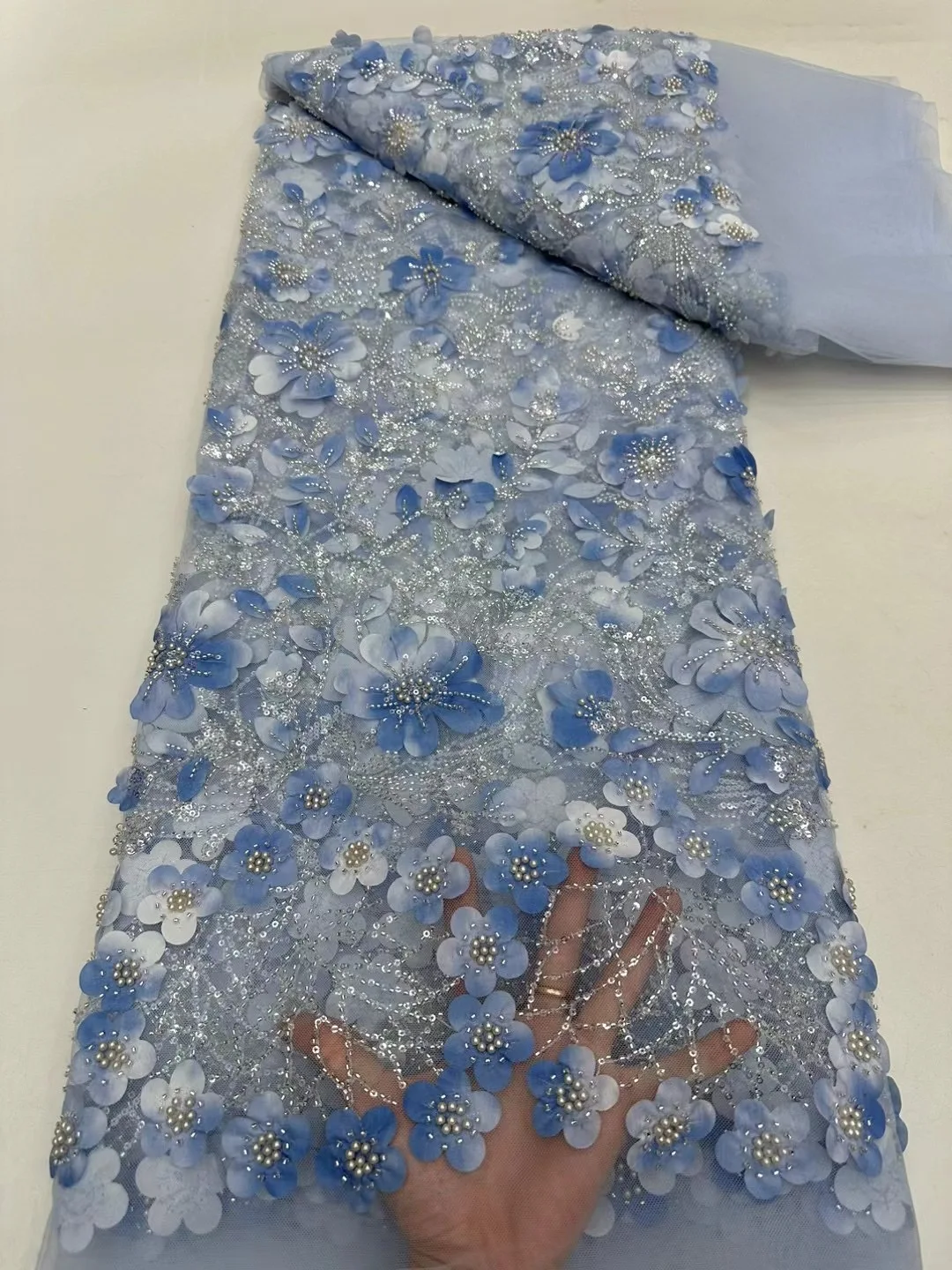 

3D цветочная модная африканская кружевная ткань высокого качества с французским бисером, роскошный тюль, нигерийская сетка с блестками, кружевная ткань, свадебное платье