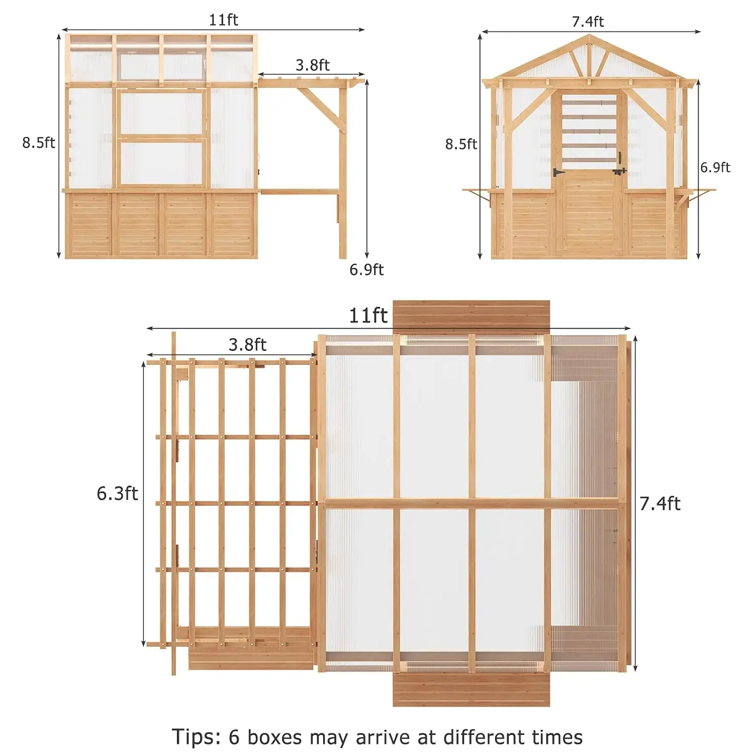 7x11 FT Spruce Wood Greenhouse with Pergola, Walk-in Outdoor Greenhouse Kit with Polycarbonate Panels, Top-Hung, Customized