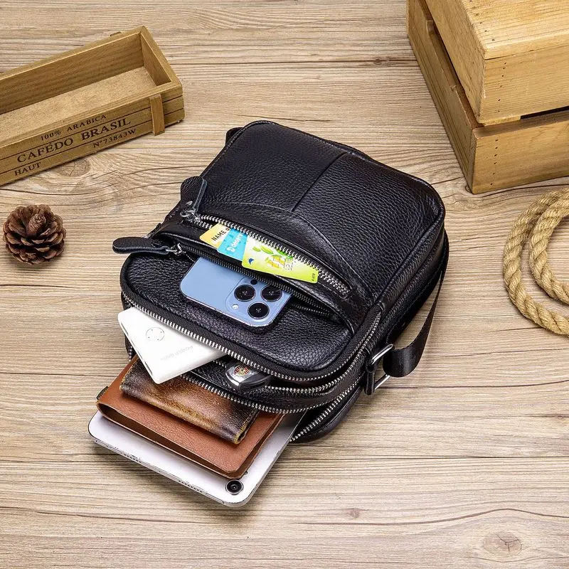 Men's cross-body bag with a single-layer of cowhide, small handbag for casual, sporty and business wear, single shoulder bag