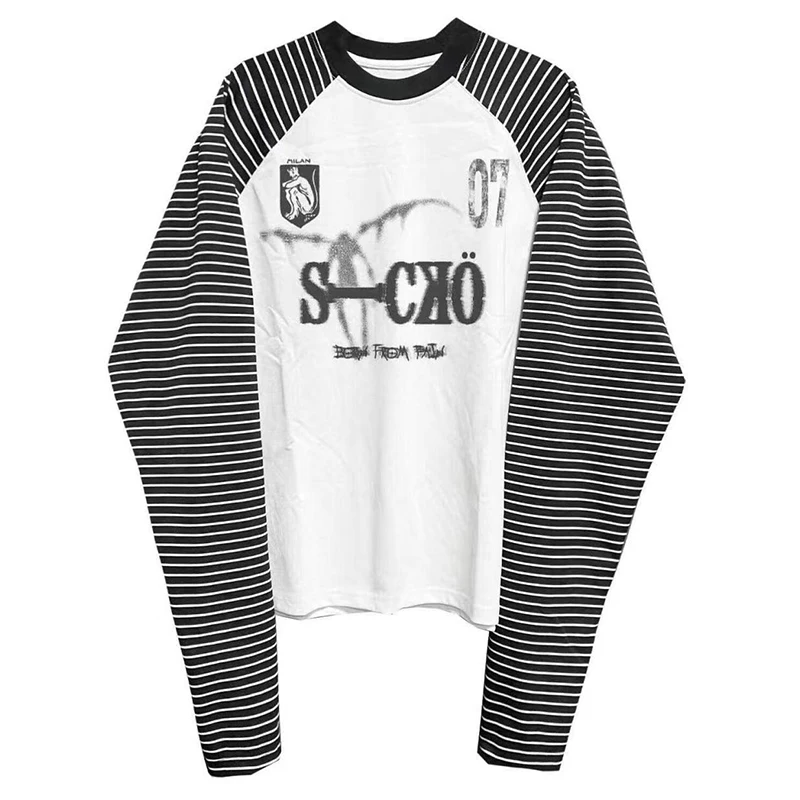 

Японская женская футболка большого размера с длинными рукавами 2000-х годов, уличная одежда с лоскутным принтом и графическим принтом Y2k, винтажные топы в стиле гранж в американском стиле ретро