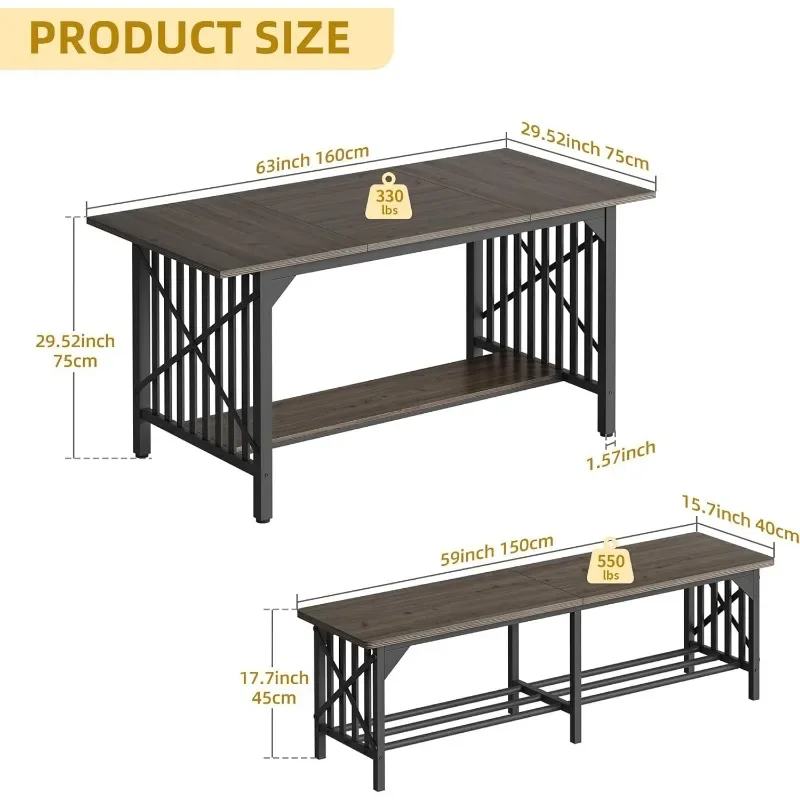 Mesa de comedor Rectangular Industrial, conjunto de 3 piezas para 4-6 personas, 63 ", 2 bancos