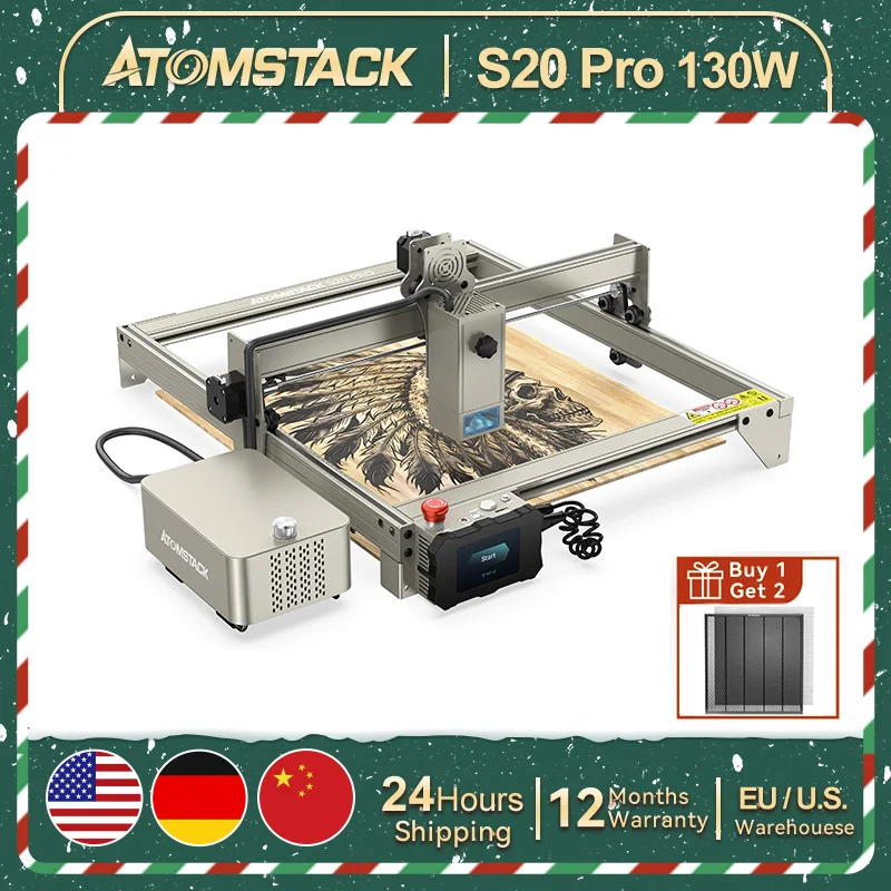 AtomStack S20 A20 X20 Pro CNC 130W Laser Engraver Machine 410*400mm Offline Engraving Stainless steel Acrylic Wood DIY Marking