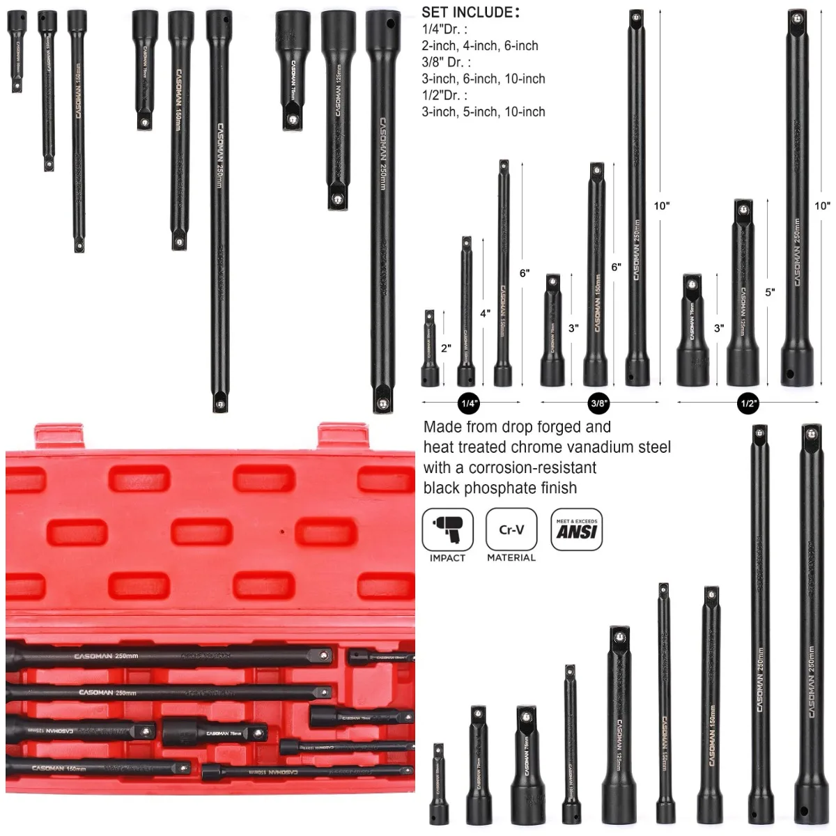 

Набор удлинителей из 9 предметов, привод 1/4', 3/8', 1/2', хром-ванадиевая сталь, отделка черным фосфатным покрытием