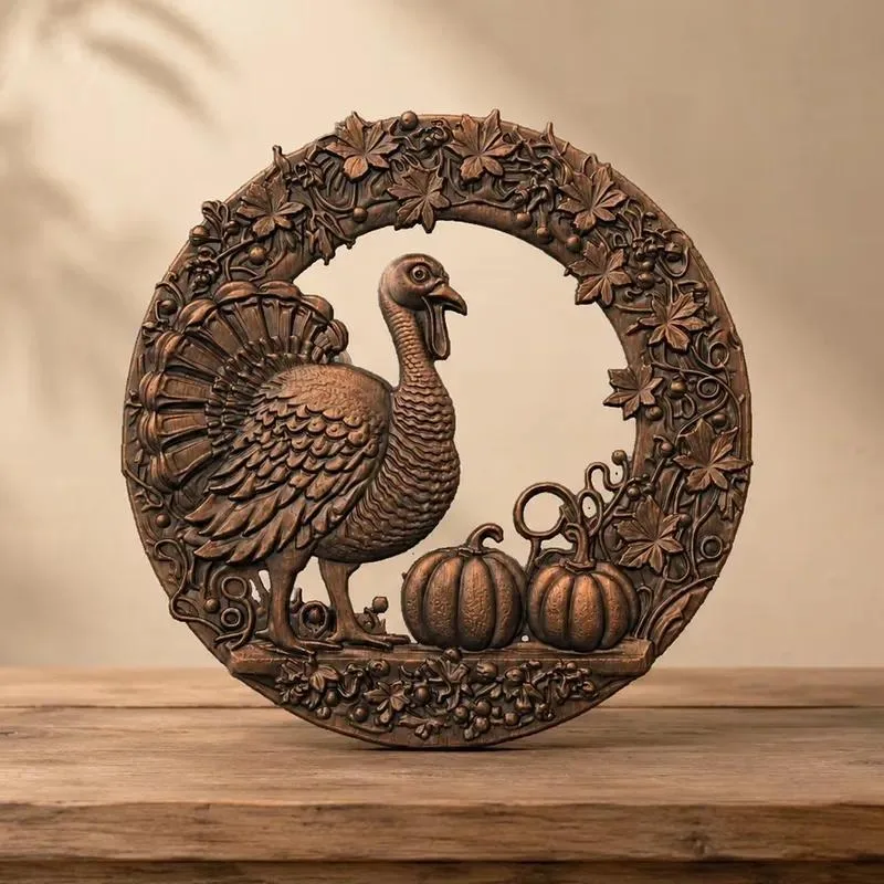 for Hand Carved Thanksgiving Turkey Wooden Wreath Plaque Vintage Pumpkin Harvest Holiday Home Decor Gift