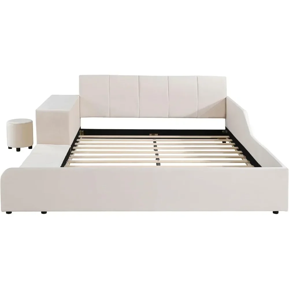 Cama con plataforma y suelo tapizada de terciopelo, estructura de cama tamaño Queen de madera para madre e hijo con mesita de noche